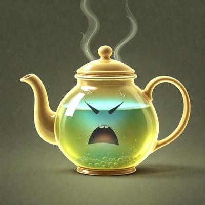 The primary subject of the image is a tea kettle with a face drawn on it, giving it a funny and angry appearance. The setting is a kitchen, with a cup placed on the table next to the tea kettle. The visual style is a digital art, with the face drawn on the tea kettle being the main focus of the image. The colors and mood are predominantly yellow and angry, creating a playful and humorous atmosphere.